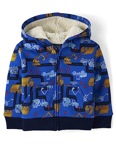 The Children’s Place Baby Boy’s and Toddler Long Sleeve, Sherpa Lined, Zip-Front Hoodie Sweatshirt, Blue Trucks, 2T