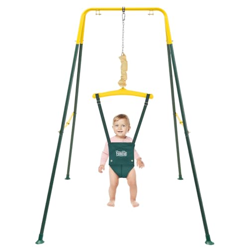 FUNLIO Baby Jumper with Stand for 6-24 Months, Infant Jumper for Indoor/Outdoor Play, Toddler Jumper for Baby Girl/Boy, with Adjustable Chain, Easy to Assemble & Store (with Stand) – Green