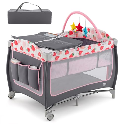 BABY JOY 4 in 1 Pack and Play, Portable Baby Playard with Bassinet, Side Zipper Door, Changing Table, Indoor Outdoor Travel Nursery Center w/Toy Bar, Lockable Wheels, Carry Bag