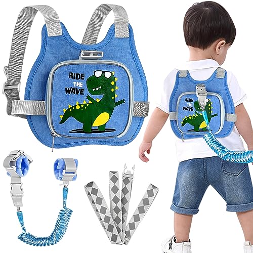 Toddler Harness Leash+ Anti Lost Wrist Link, Accmor Cute Dinosaur Kids Harness with Leash, Foldable Child Leash Baby Walking Wristband Assistant Strap Belt for Parent Boys Outdoor Activity