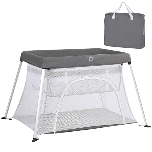 TODEFULL Portable Travel Crib for Baby, 2 in 1 Folding Baby Travel Cribs and Playards with Mattress, Lightweight Playpen for Toddlers with Carry Bag, Pack and Play for Infants, Grey