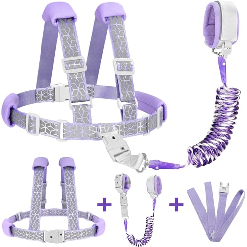 Accmor 3 in1 Toddler Harness Leash, Reflective kid Harness with Anti Lost Wrist Link, Harness Leash for Toddlers, Child Walking Harness kids Leash Wristband Rope Belt with Lock for Baby Girls (Purple)