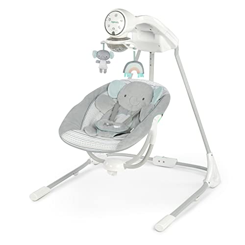 Ingenuity InLighten 5-Speed Baby Swing – Swivel Infant Seat, 5 Point Safety Harness, Nature Sounds, Lights – Van Elephant