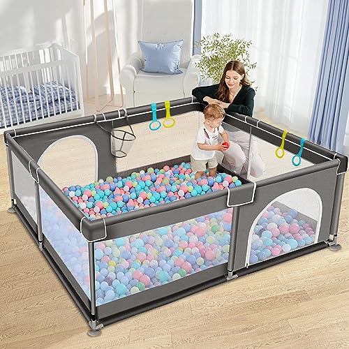 COMOMY Baby Playpen for Toddlers, 79″ x 63″ Extra Large Baby Playard, Safe and Non-Slip Baby Fence, Full Mesh Design, Indoor & Outdoor Kids Activity Center, Baby Play Pens (Dark Grey)