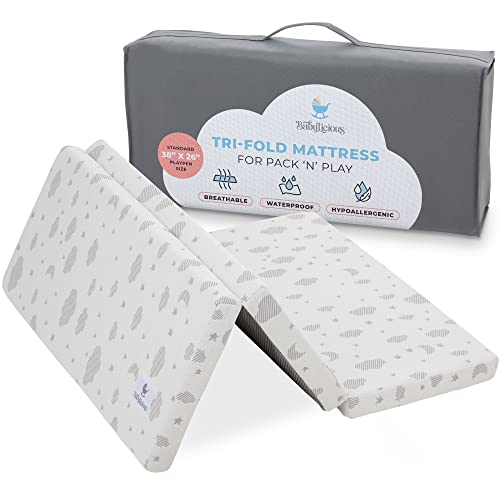 Waterproof Pack and Play Mattress Topper – 38″ x 26″ – Trifold Style – Breathable Soft Bamboo – Portable Trifold Playard Mattress Topper- Baby Foam Playpen Mattresses for Babies