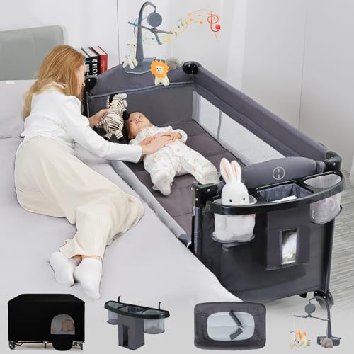 MEICHYUN 5 in 1 Baby Bassinet Bedside Sleeper,Pack and Play Bassinet with Diaper Changer,Blackout Cover,Mattress,Music,Bedside Crib with Storage,Playard with Bassinet from Newborn to Toddles.(Grey)