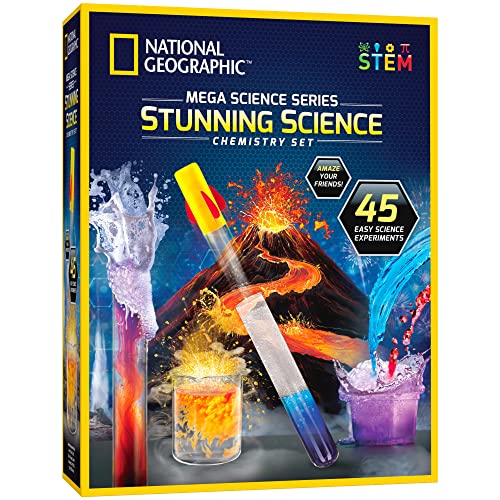 NATIONAL GEOGRAPHIC Stunning Chemistry Set – Mega Science Kit with 45 Easy Experiments- Make a Volcano and Launch a Rocket, STEM Projects for Kids Ages 8-12, Science Toys (Amazon Exclusive)