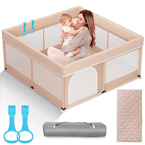 Omzer Baby Playpen with Mat 50x50inch: Large Playpen for Babies and Toddlers Indoor Safety Play Pen with Soft Breathable Mesh – All-Wrapped Sponge Sturdy Play Yard with Stable Mat Magic Sticker Beige