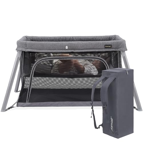 Gromast Travel Crib for Toddler, 2 in 1 Portable Crib for Baby Travel, Lightweight Playpen Foldable Playard with Soft Mattress, Easy to Carry Baby Travel Bed for Outdoor,Indoor (Grey)