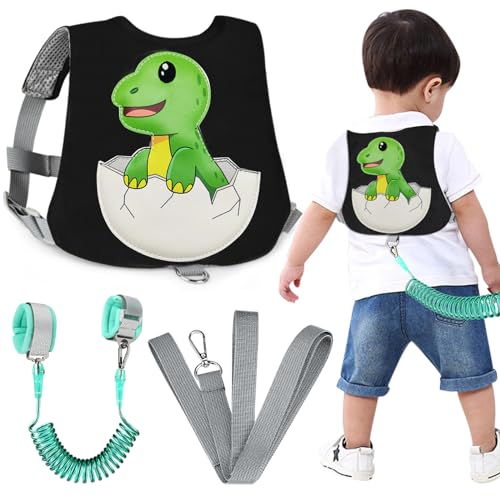 Accmor Toddler Leash Harness, Cute Dinosaur Child Harness Baby Leashes + Anti-Lost Wrist Link, Kids Harness Walking Assistant Strap Belt Tether for 1-4 Years Boys Girls to Travel & Outdoor (Black)