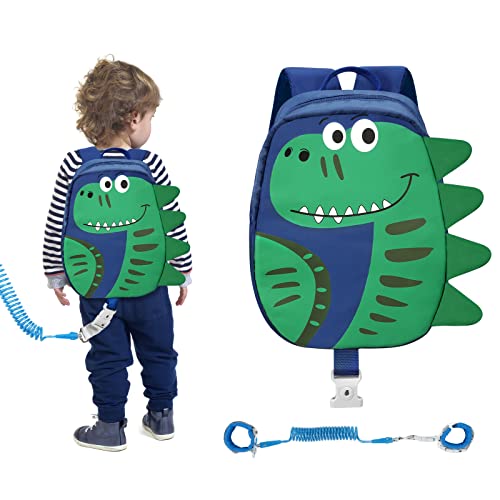 Zooawa Toddler Harness Backpack with Leash, 2 in 1 Cute Dinosaur Kid Backpack with Anti Lost Wrist Link, Toddler Backpack Harness with Safety Leash for 1-4 Years Old Baby Boys Girls