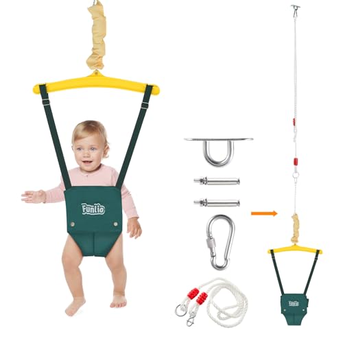 FUNLIO Baby Jumper with a Ceiling Hook for 6-24 Months, Baby Door Jumper for Indoor/Outdoor Play, Infant Jumper Doorway with Adjustable Chain, Easy to Assemble & Store (with a Ceiling Hook) – Green