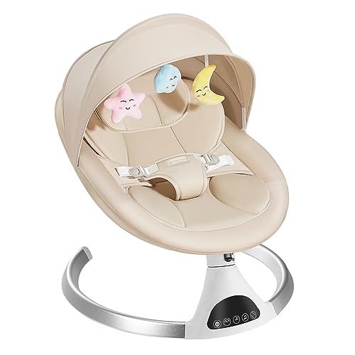 HARPPA Electric Baby Swing for Infants to Toddler, Portable Babies Swinger for Newborn Boy and Girls with 5 Swing Speed, Remote Control Music Speaker with 12 Preset Lullabies Enabled Bluetooth (Khaki)