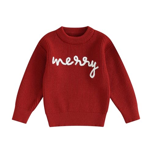 FYBITBO Baby Christmas Sweater Boy Girl Chunky Knit Ugly Xmas Sweater Crewneck Pullover Sweatshirt Fall Winter Clothes (Merry Red, 3-4T)