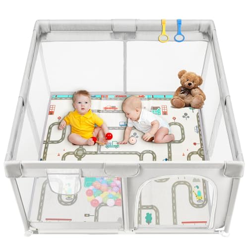 Momax Baby Playpen with Mat 47″x47″ Play Pen for Babies and Toddlers – Large Playpen Safe Baby Playards Activity Center Indoor & Outdoor,Light Grey Toddler Playpen with Mesh Gate Kids Play Area