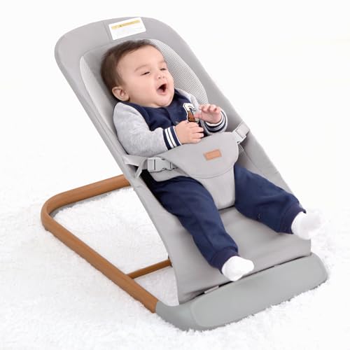 AMKE CooCon Baby Bouncer,Ergonomic Bouncer Seat for Babies with 3 Recline Positions,Portable Newborn Bouncer Seat, Mesh Design Bouncers for Infants,Gray