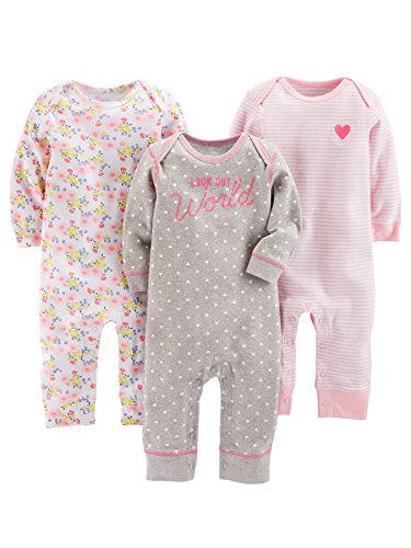 Simple Joys by Carter’s Baby Girls’ Jumpsuits, Pack of 3, Grey Hearts/Pink Floral/White Stripe, 0-3 Months