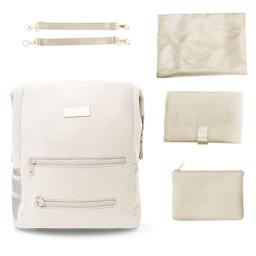 BUNSO Diaper Bag Backpack, Water-resistant Neoprene Bag With Changing Pad, Stroller Straps, Wet Bag and Pouch (Cream)