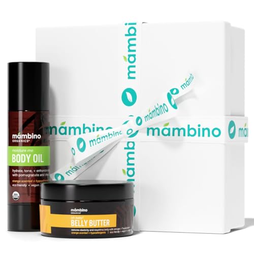 Mambino Organics Organic Skincare Gift for Pregnant Women – Gift Box with Moisturizing Body Oil & Belly Butter – Anti-Stretch Duo Kit