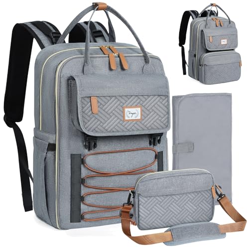 Tonyeee Diaper Bag Backpack- Removable Cross Body Bag,Travel Essentials Baby Bag with Changing Pad & Stroller Straps，Multi function Large Capacity, Waterproof and Stylish, Gray