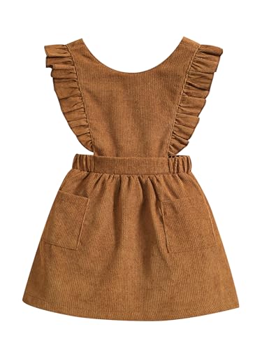 AMAWMW Toddler Baby Girl Corduroy Suspender Dress Little Girls Ruffle Strap Backless Skirt Kids Spring Fall Winter Outfit Khaki