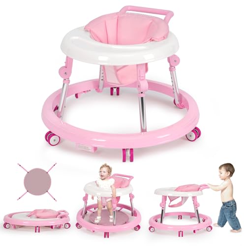 Wismind Baby Walker Foldable with 9 Adjustable Heights, Baby Walkers and Activity Center for Girls Boys Babies 6-12 Months, Baby Walker and Bouncer Combo with Wheels Portable Anti-Rollover (Pink)