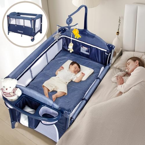 PEARLOVE 5-in-1 Pack and Play, Portable Baby Bassinet Bedside Crib with Mattress, Diaper Changing Table, Playard and Music Box, Bedside Sleeper for Newborn Baby（Blue）