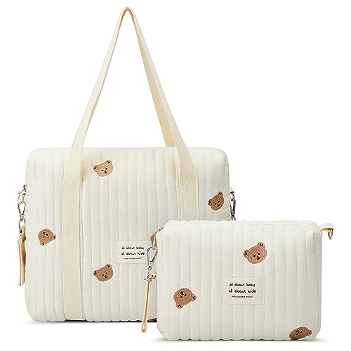 Paterr 2 Pcs Diaper Bag Tote for Baby Small Multifunction Maternity Bag Quilted Cotton Cute Stroller Storage Bag Travel Zip Closure Diaper Bag Nappy Messenger Diaper Clutch Bag for Mom(Bear)