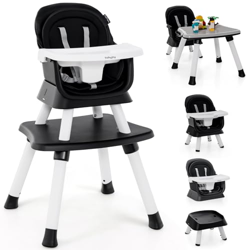 BABY JOY Baby High Chair, 8 in 1 Convertible Highchair for Babies & Toddlers | Booster Seat | Table and Chair Set | Building Block Table | Toddler Chair with Safety Harness, Removable Tray (Black)