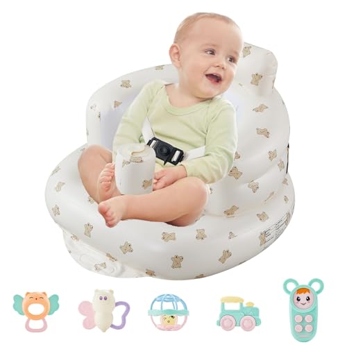 EXLIPO Inflatable Baby Floor Seat with Safety Harness Built in Air Pump Infant Back Support Sofa Portable Infant Chair for Sitting Up Anti-Fall Toddler Shower Seat for 3-36 Months with Baby Rattle