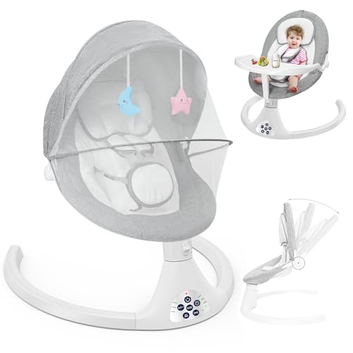 Drinany Electric Baby Swing for Infants to Toddler, Portable Baby Rocker Swinger for Newborn Boy and Girls Outdoor Indoor with Plate,5 Swing Speeds Bluetooth Remote Control Music Speaker Lullaby Gray