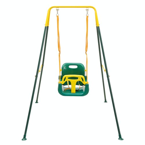 FUNLIO 3-in-1 Toddler Swing Set with 4 Sandbags, Indoor/Outdoor Baby Swing with Foldable Metal Stand, Kids Swing Set for Backyard, Clear Instructions, Easy to Assemble & Store,Green