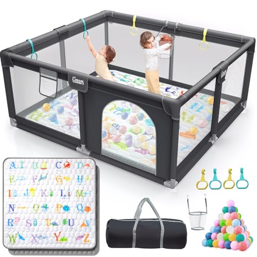 Gimars Upgraded 320D Washable Baby Playpen with Cute Learning Cuhioned Mat, 6 in1 Large Playpen for Toddlers, Sturdy & Safe Playpen with Padded Cotton Top Rod for Protecting Babies, Infant, 50×50 inch