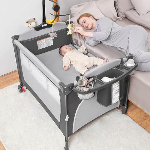 Mereryi Baby Bassinet Bedside Sleeper,5 in-1 Pack and Play Portable Crib for Baby,Multifunction Bedside Crib from Newborn to Toddlers,Diaper Changer,Playard,Safety Strap,Carry Bag,Hanging Toys