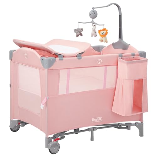 Harppa Baby 5 in 1 Pack and Play, Baby Bassinet Bedside Crib with Detachable Mattress, Diaper Changer, Playard and Music Box, Folding Bedside Bassinet Sleeper from Newborn to Toddlers (Pink)