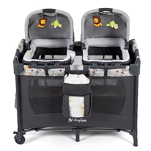 Okaytwins Twin Bassinet & Full-Size Infant Bassinet & Playard for Baby, Includes 2 Removable Rock-A-Bye Portable Bassinets with Storage Bags, Deep Gray