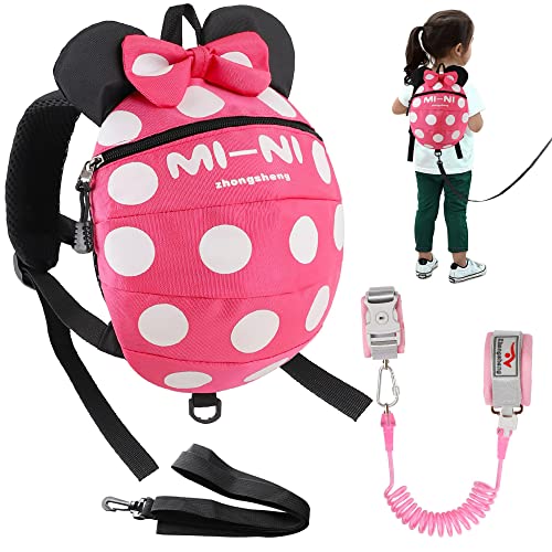 4 in 1 Toddler Harness Leash + Baby Anti Lost Wrist Link, Cute Child Safety Harness Tether, Child Walking Harness Wristband Assistant Strap Belt for Baby Girls(Rose Red)