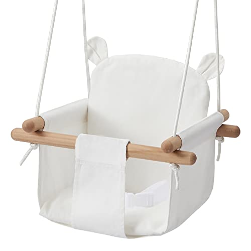 Secure Baby Swing Seat with Safety Belt – Baby Canvas and Wooden Swing Chair with Ear Décor Cushion – Indoor Swing for Infants & Baby Swing Outdoor – Tree Toddler Swing for Backyard Outside, White