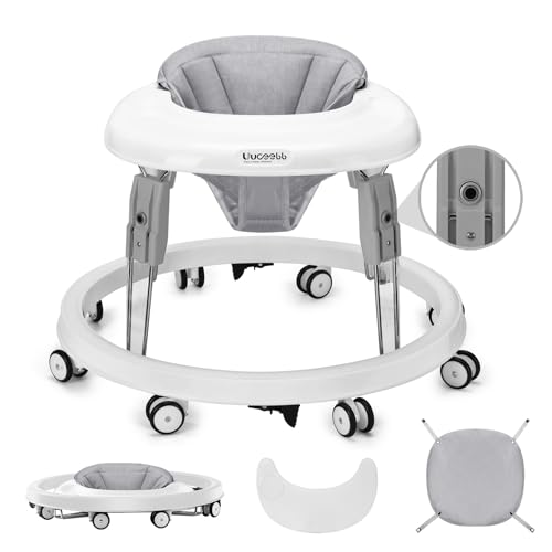 Uuoeebb One-Touch Folding Baby Walker, Anti-Roll 8-Wheel Round Chassis, 5-Speed Height Adjustment, with Large Dinner Plate and Brake, 6-18 Months Baby Walker, Gray