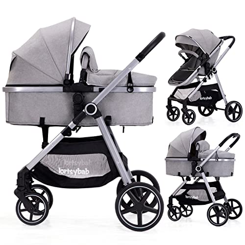 Lortsybab 2-in-1 Baby Stroller with Bassinet Mode – Folding Infant Newborn Pram Stroller with Reversible Seat – Toddler Strollers for 0-36 Months Old Babies (Gery)