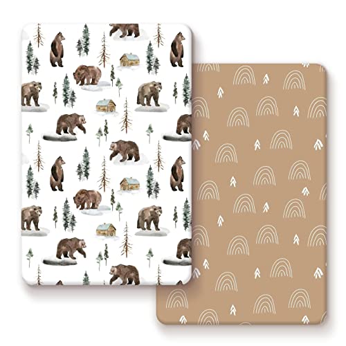 Stretch Ultra Soft Jersey Knit Fitted Pack n Play Sheets Set 2 Pack, Portable/Mini Cribs Sheets, Fit Playards Mattress Pads Safe and Snug, Jungle Bear/Rainbow for Baby