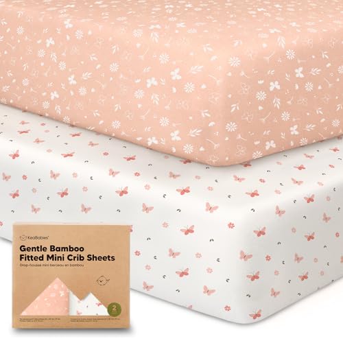 Pack and Play Sheets Fitted, 2-Pack Mini Crib Sheets – Pack N Play Sheets, Organic Fitted Crib Sheet for Pack and Play Mattress, Playard Baby Crib Sheets, Crib Sheets Neutral for Boys (Butterflies)