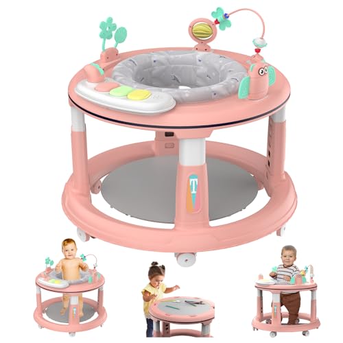 Baby Walker with 5 Adjustable Heights, Baby Walkers and Activity Center for Boys Girls Babies 6-12 Months, Features 360 Degree Swivel Seat, Music, Detachable Toys, Bounce Foot pad（Pink）…