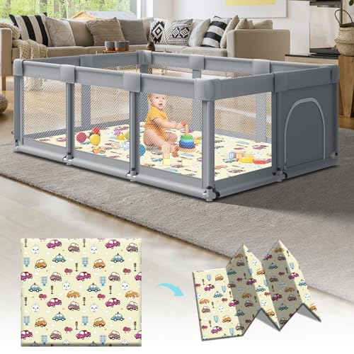 Fshibila Large Baby Playpen with Mat, 74×50×27 inches, Baby Playard for Babies and Toddlers, Baby Fence Play Pens for Indoor & Outdoor, Sturdy Safety Play Yard with Soft Breathable Mesh, Grey