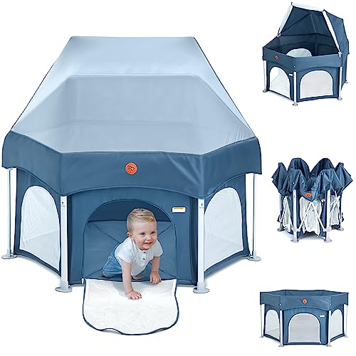 BabyBond 53″ Portable Indoor and Outdoor Baby Playpen with Mat- Pop Up Tent Pack and Play Baby Playpen with Canopy for Babies and Toddlers Play Yards with Travel Bag – Blue