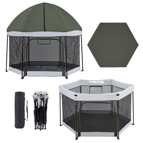 Xped Babe Portable Playpen with Mattress 54″ Outdoor and Indoor Baby Playard with Detachable Canopy Lightweight Foldable Play Yard for Babies and Toddlers with Gate and Travel Bag