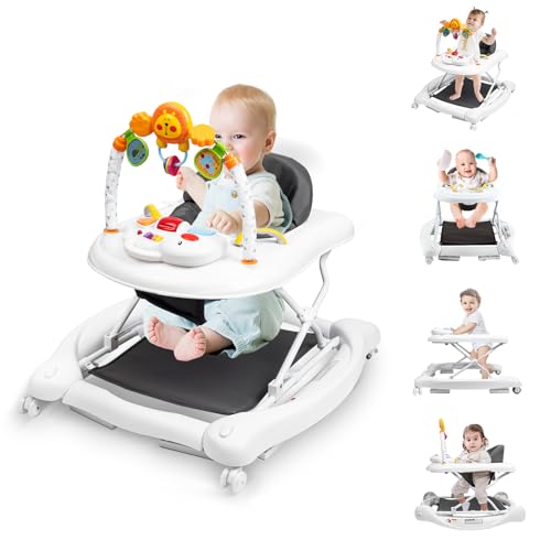 Boyro Baby 5-in-1 Baby Walker, Baby Walkers for Boys Girls 6-18 Months, Foldable Activity Walker, Toddler Infant Walker with Bouncer, Adjustable Height, Removable Footrest, Feeding Tray, Music