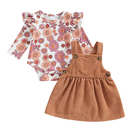 Baby Girl Fall Clothes Cute Graphic Long Sleeve Romper Bodysuit and Corduroy Suspender Skirt Suit for 3 6 9 12 18 Months (A Brown, 12-18 Months)