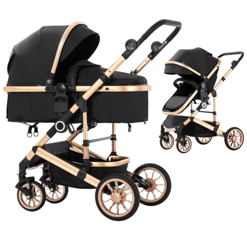 Blahoo Baby Stroller for Newborn, 2 in1 High Landscape Stroller, Foldable Aluminum Alloy Pushchair with Adjustable Backrest. Bassinet Stroller(Gold Black)