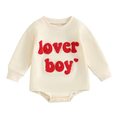 Ursobutegl Newborn Baby Girl Romper Sweatshirt Sweet Heart Letter Embroidery Onesie Sweater Valentines Day Outfit Clothes (Beige-lover boy, 6-12 Months)